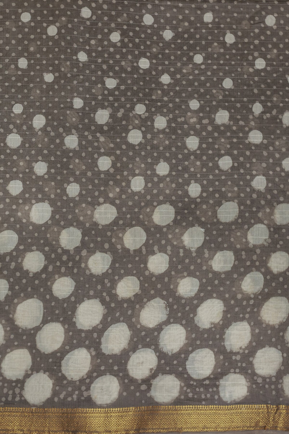 Grey Chanderi Handblock Print Saree With Small And Big Off White Polka Dots, fabric detail