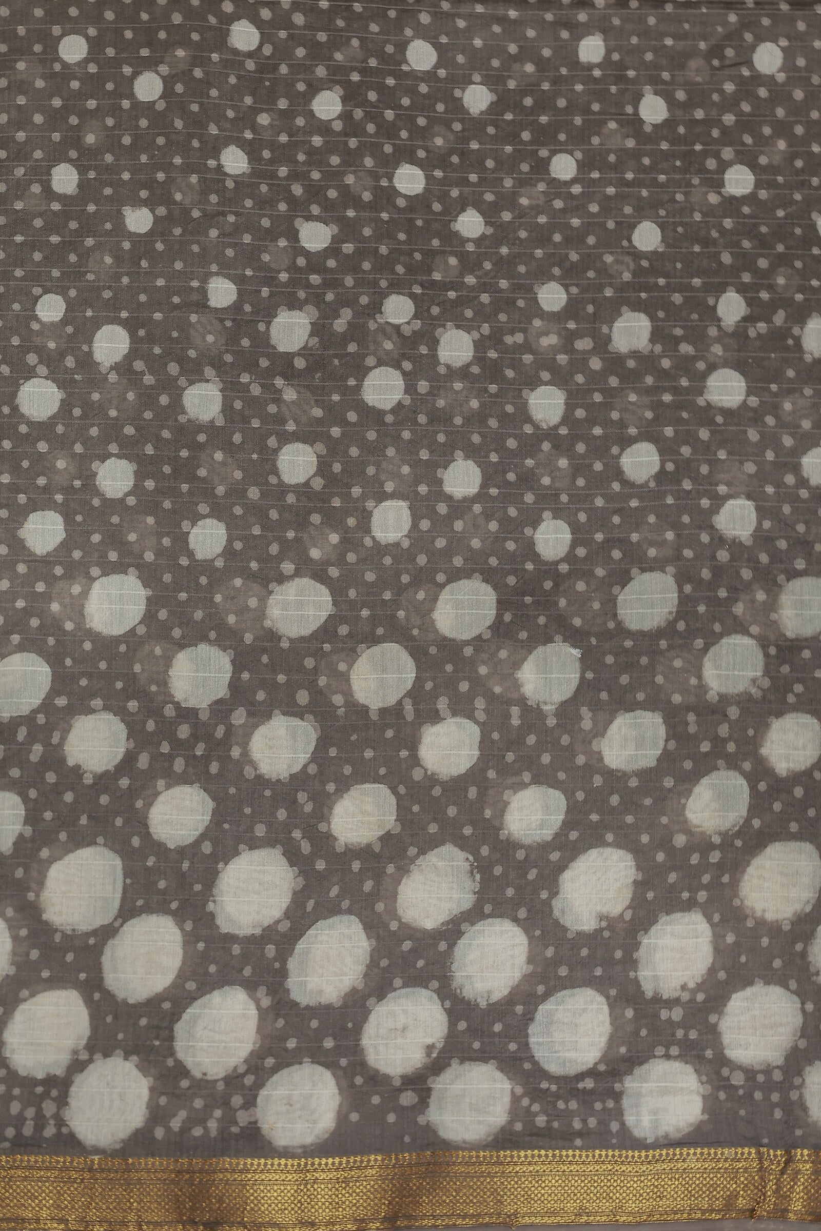 Grey Chanderi Handblock Print Saree With Small And Big Off White Polka Dots, fabric detail