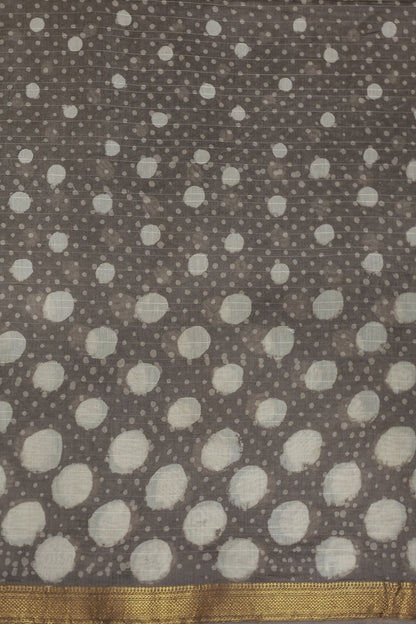 Grey Chanderi Handblock Print Saree With Small And Big Off White Polka Dots, fabric detail
