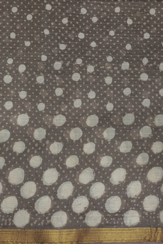 Grey Chanderi Handblock Print Saree With Small And Big Off White Polka Dots, fabric detail