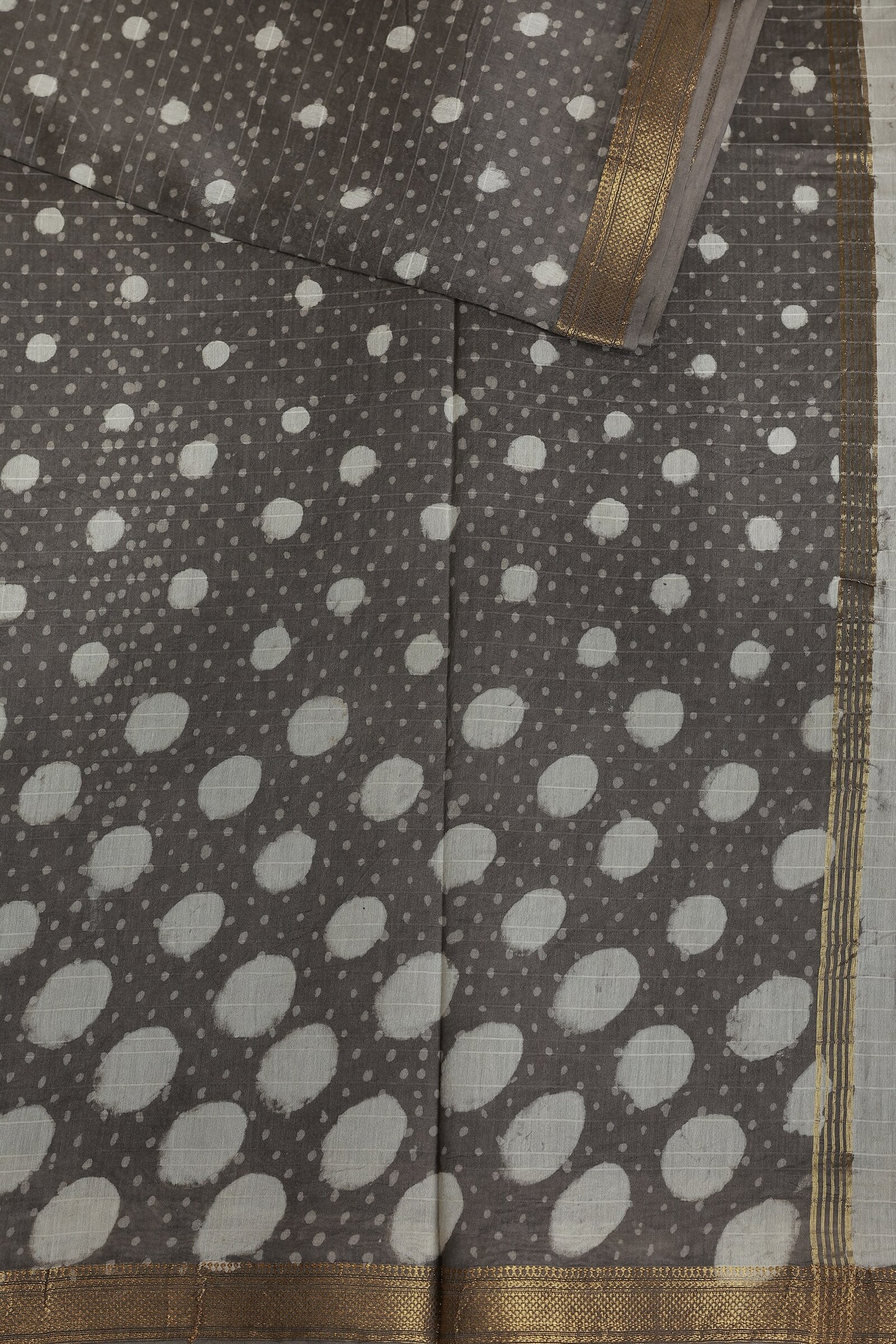 Grey Chanderi Handblock Print Saree With Small And Big Off White Polka Dots, design view 3