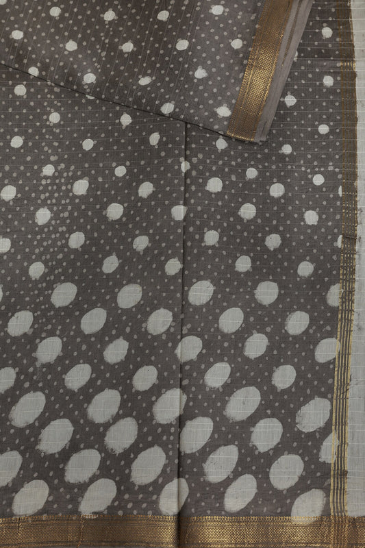 Grey Chanderi Handblock Print Saree With Small And Big Off White Polka Dots, design view 3