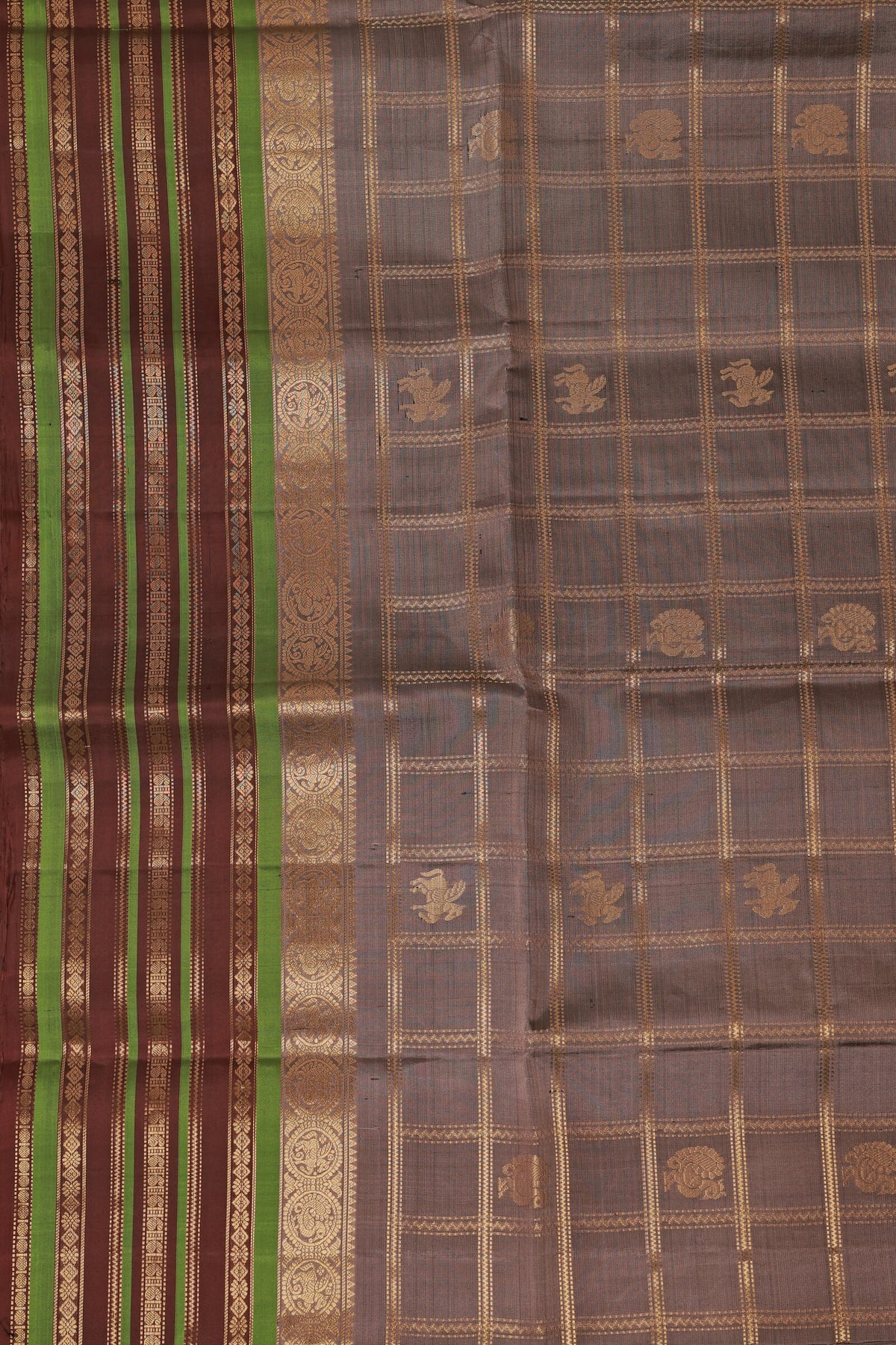 Grey Pure Silk Saree With Big Zari Kattam, Mayil Buttas And Coffee Brown-Green Border, folded saree view