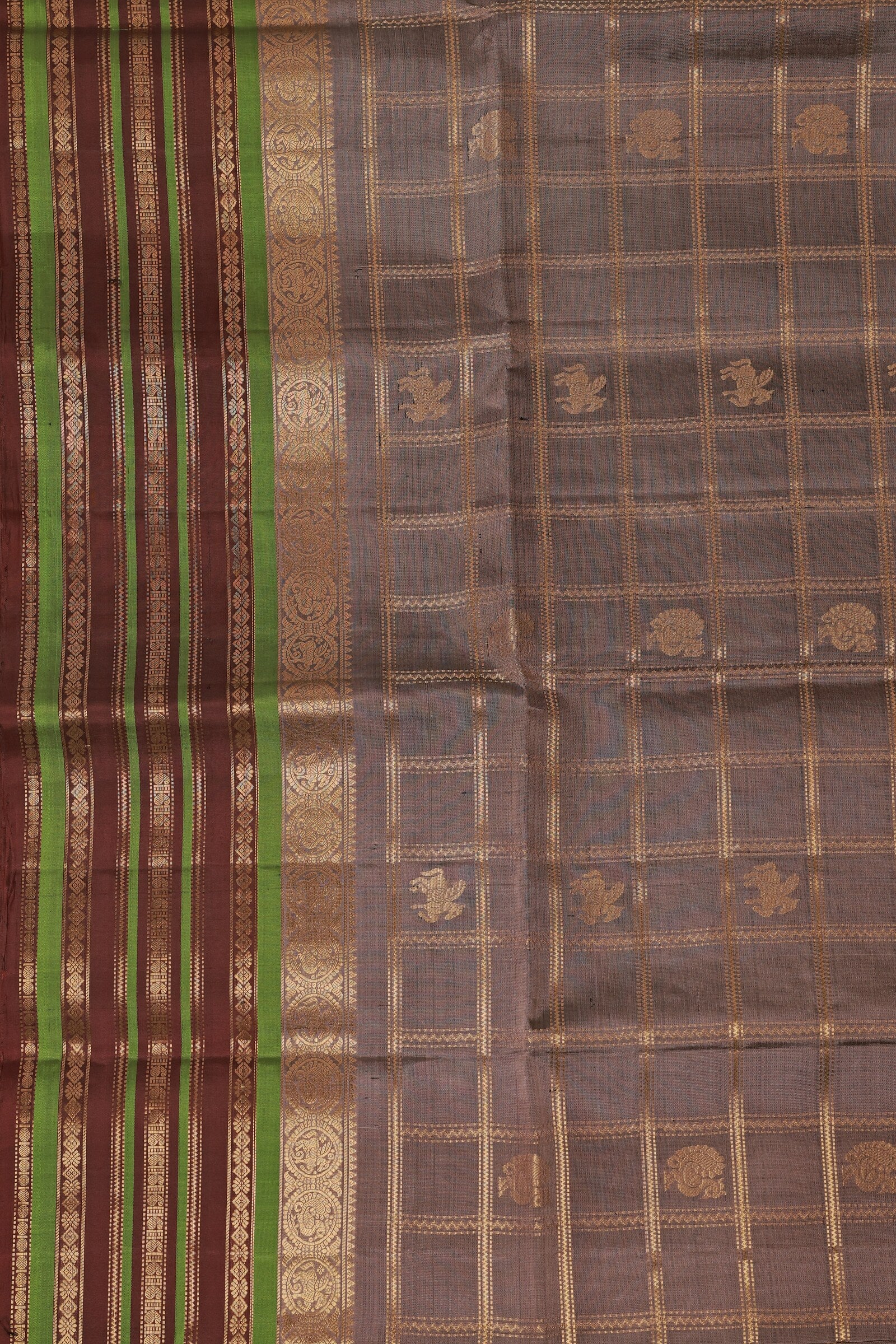 Grey Pure Silk Saree With Big Zari Kattam, Mayil Buttas And Coffee Brown-Green Border, folded saree view