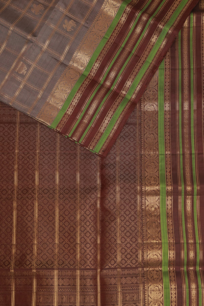 Grey Pure Silk Saree With Big Zari Kattam, Mayil Buttas And Coffee Brown-Green Border, fabric detail