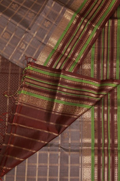 Grey Pure Silk Saree With Big Zari Kattam, Mayil Buttas And Coffee Brown-Green Border, design view 3
