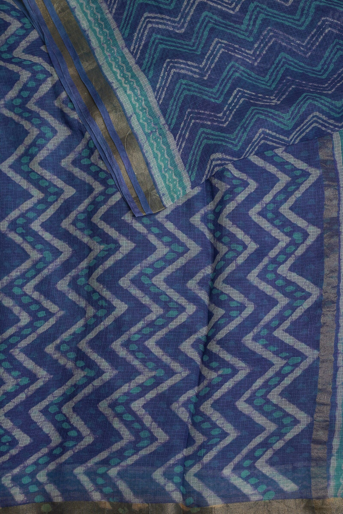 Indigo Silk Kota With Golden Zari Border, folded saree view