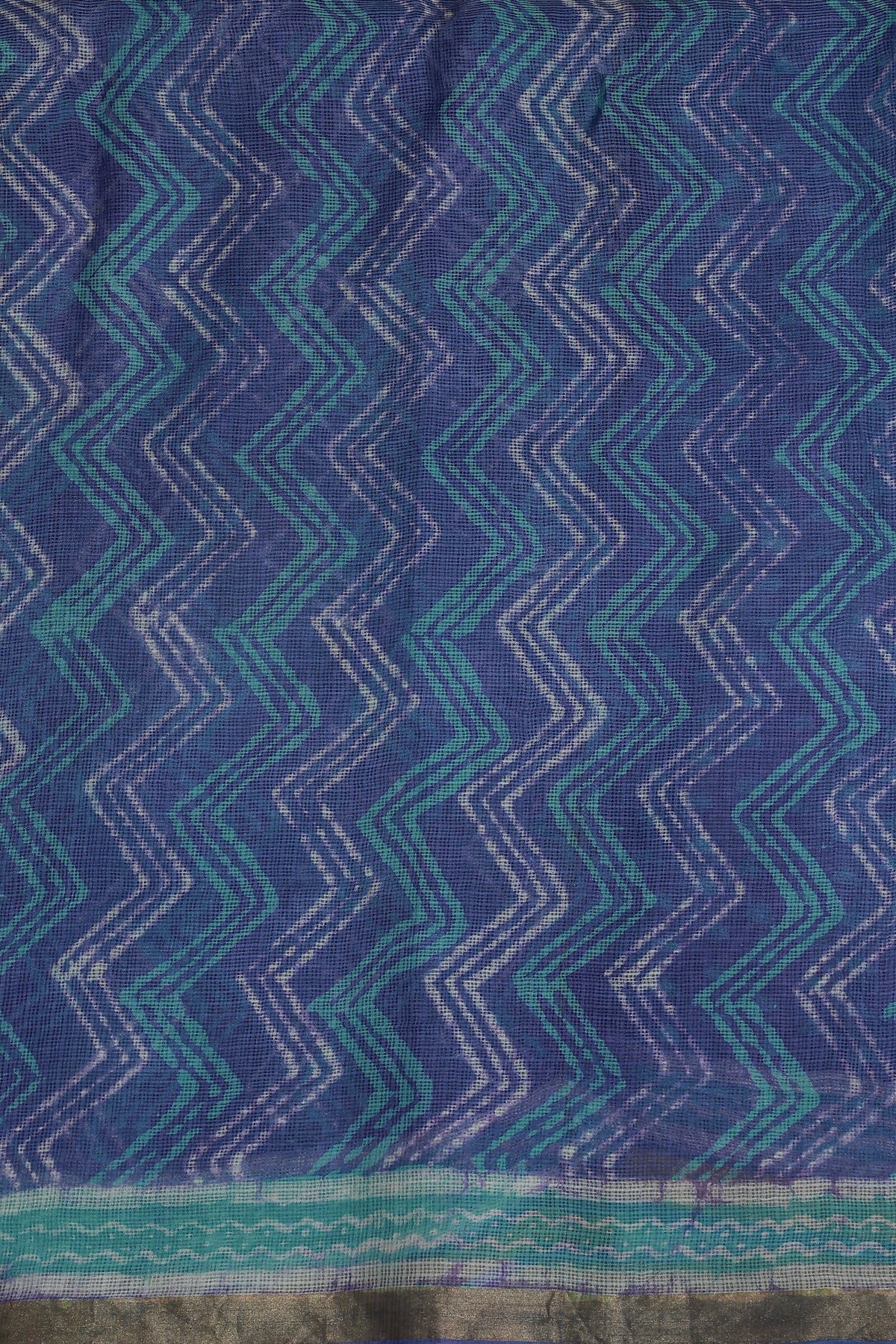 Indigo Silk Kota With Golden Zari Border, fabric detail