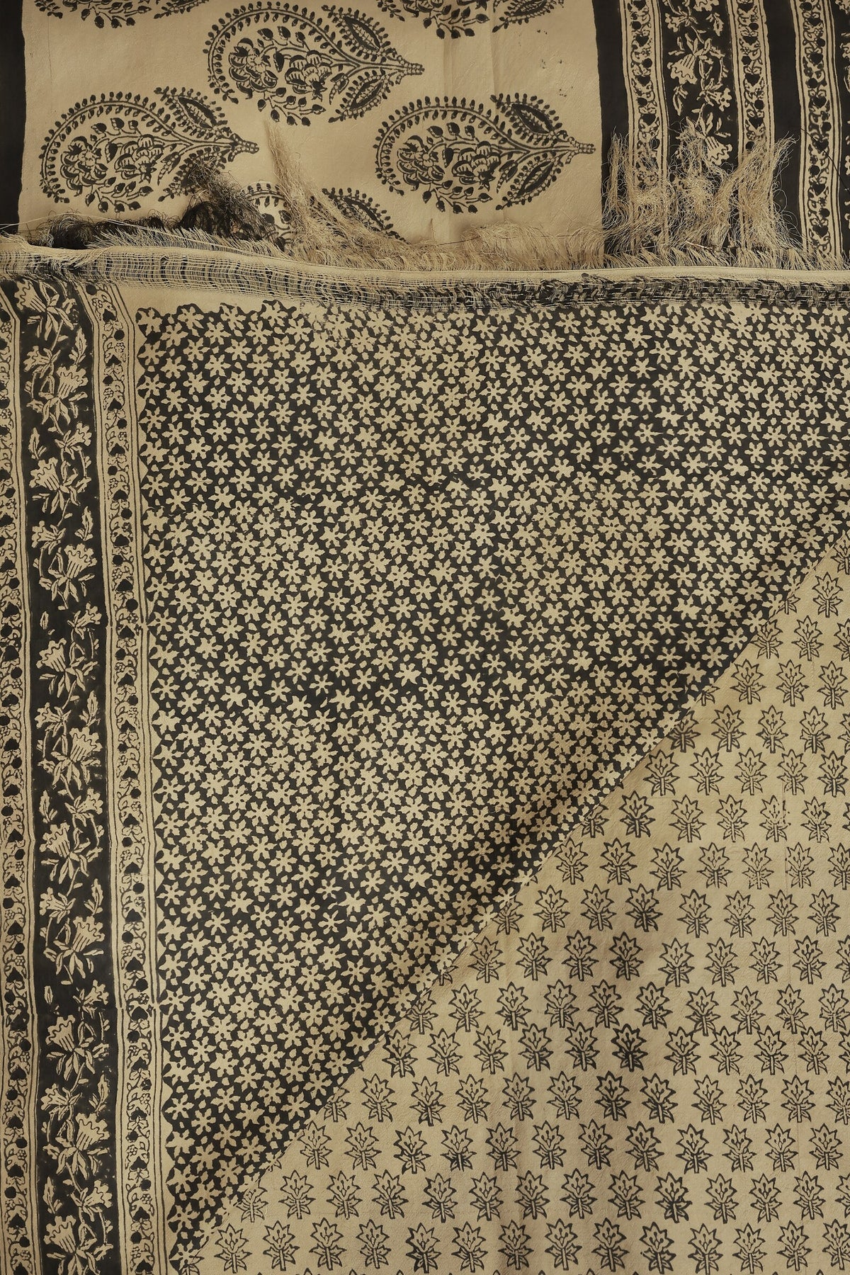 Light Golden Yellow And Black Handblock Bangalore Silk Saree With Natural Dye, folded saree view