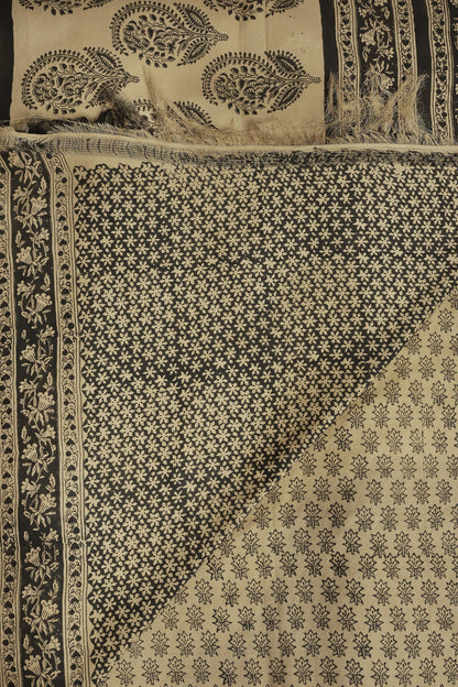 Light Golden Yellow And Black Handblock Bangalore Silk Saree With Natural Dye, folded saree view