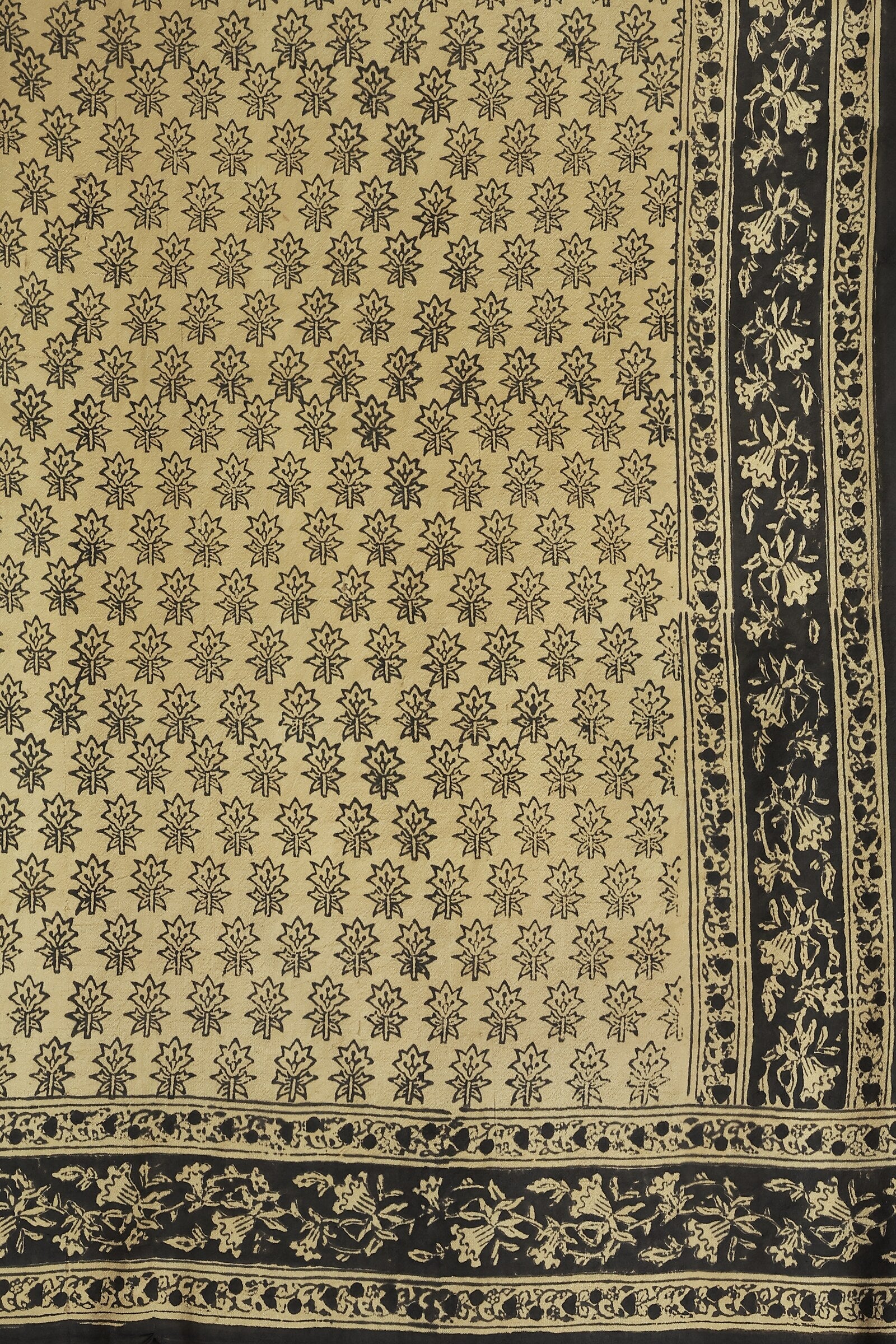 Light Golden Yellow And Black Handblock Bangalore Silk Saree With Natural Dye, fabric detail