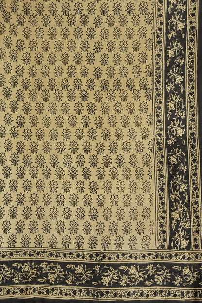 Light Golden Yellow And Black Handblock Bangalore Silk Saree With Natural Dye, fabric detail