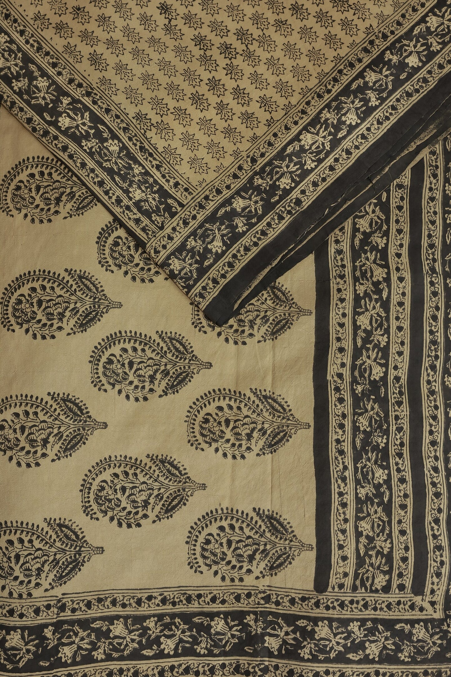 Light Golden Yellow And Black Handblock Bangalore Silk Saree With Natural Dye, design view 3