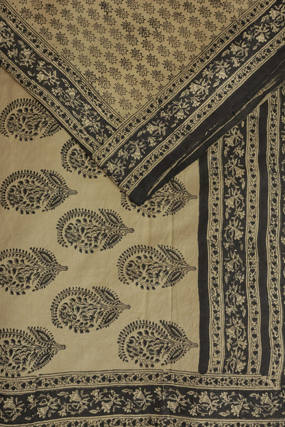 Light Golden Yellow And Black Handblock Bangalore Silk Saree With Natural Dye, design view 3