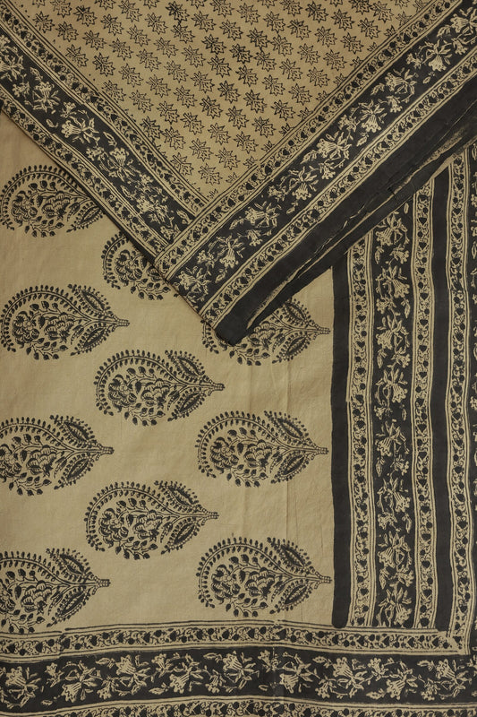 Light Golden Yellow And Black Handblock Bangalore Silk Saree With Natural Dye, design view 3