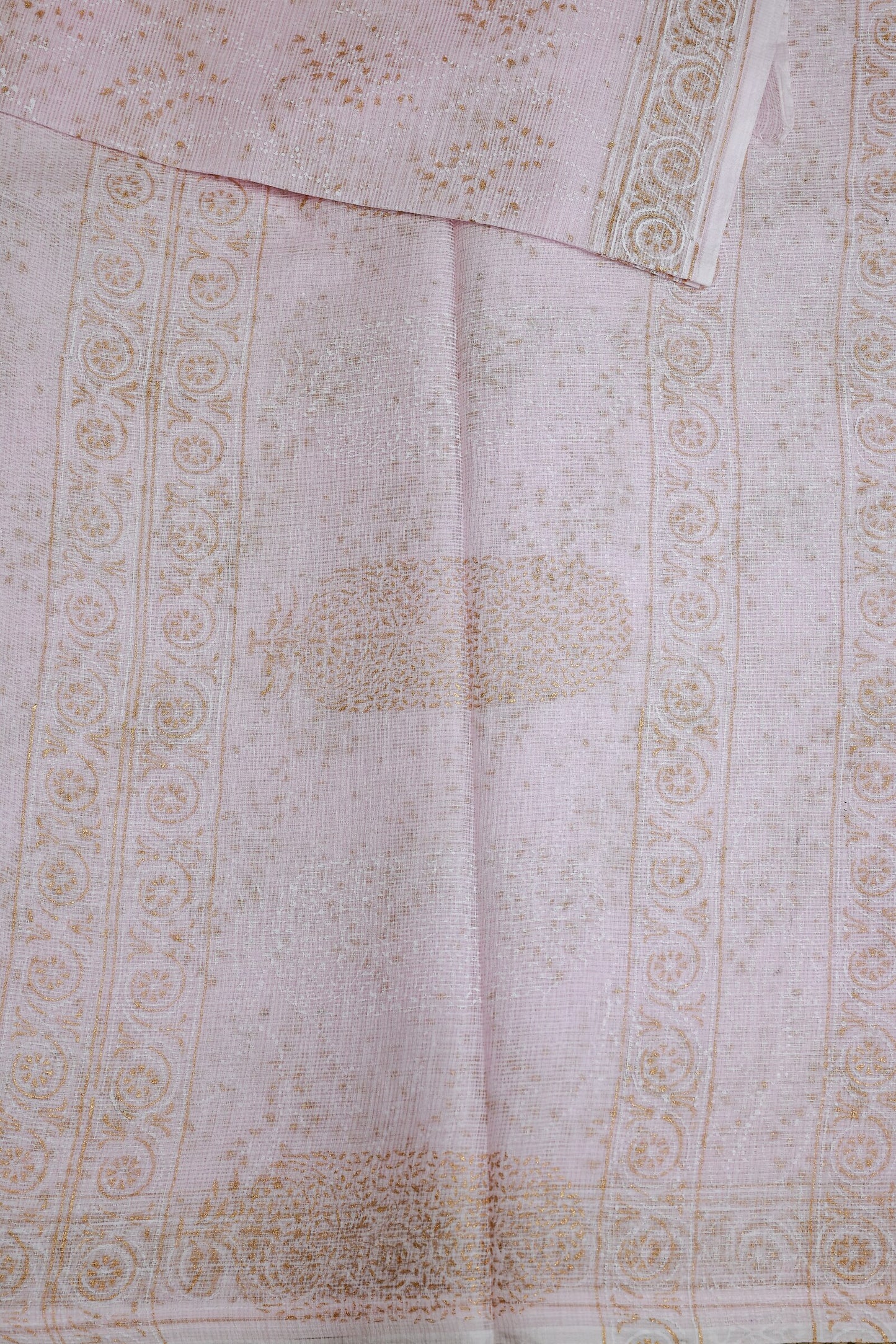 Light Pink Kota Saree With Simple Zari Handblock Print, folded saree view