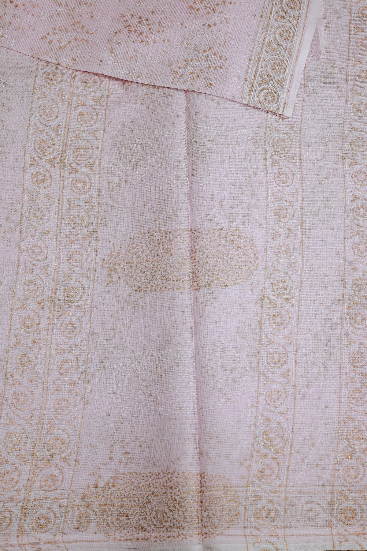 Light Pink Kota Saree With Simple Zari Handblock Print, folded saree view