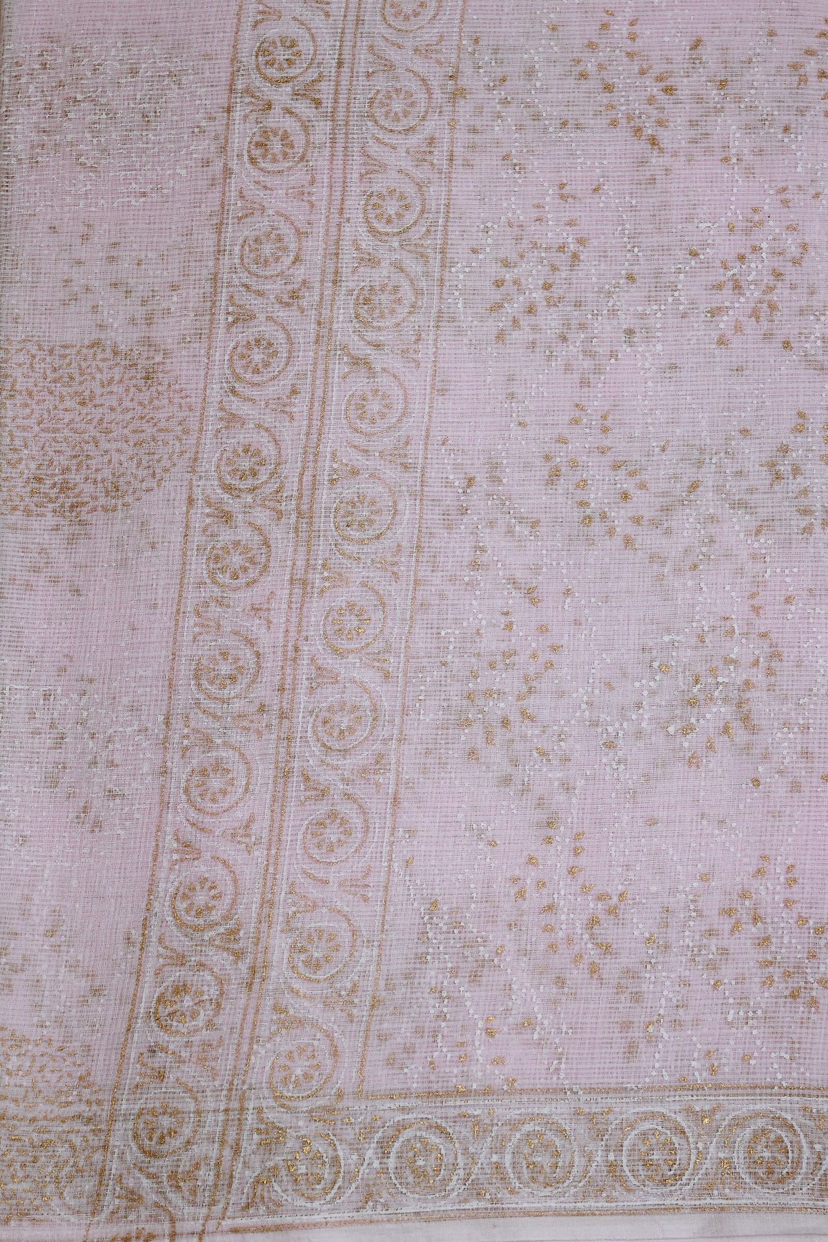 Light Pink Kota Saree With Simple Zari Handblock Print, fabric detail