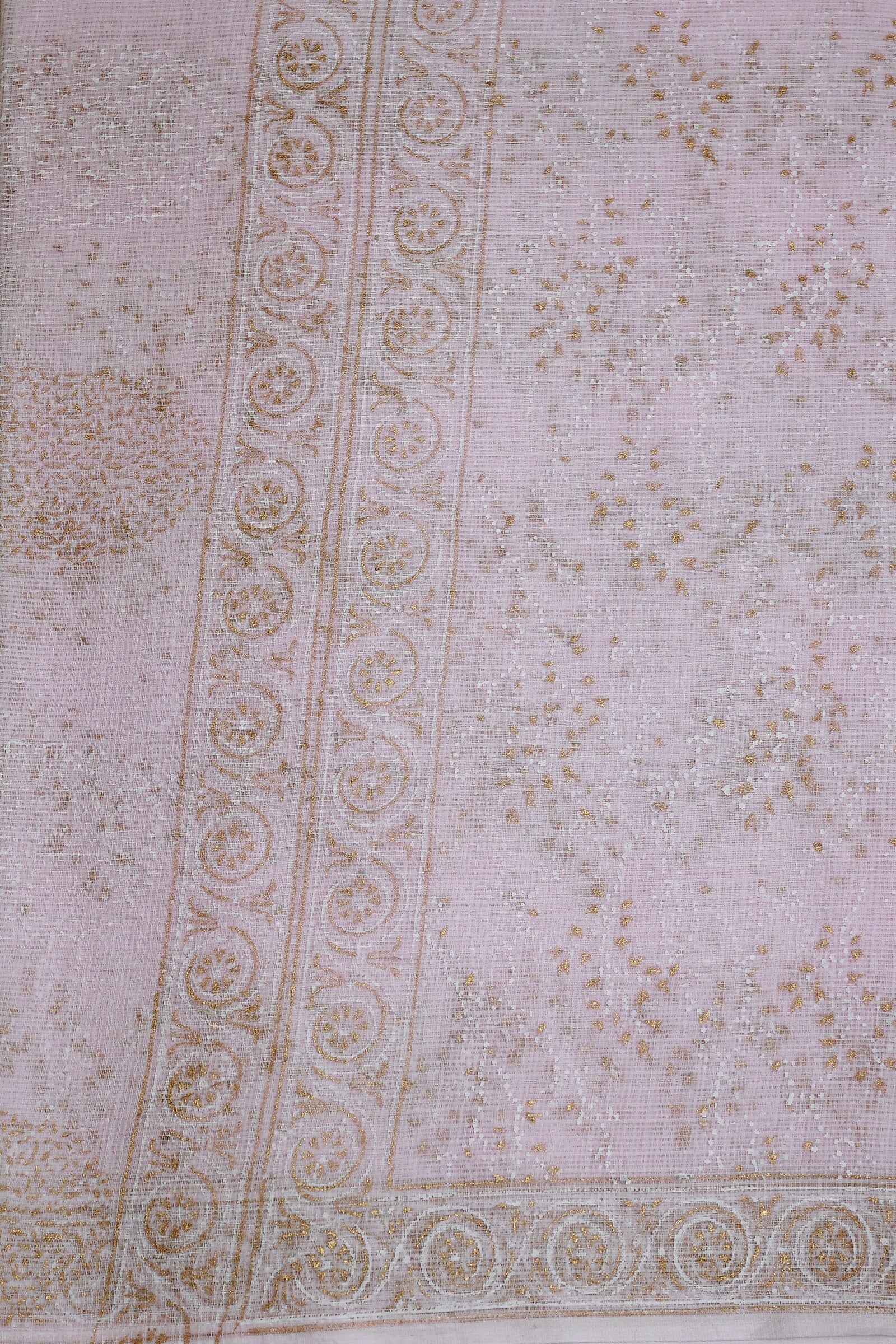 Light Pink Kota Saree With Simple Zari Handblock Print, fabric detail