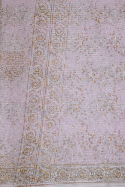 Light Pink Kota Saree With Simple Zari Handblock Print, fabric detail