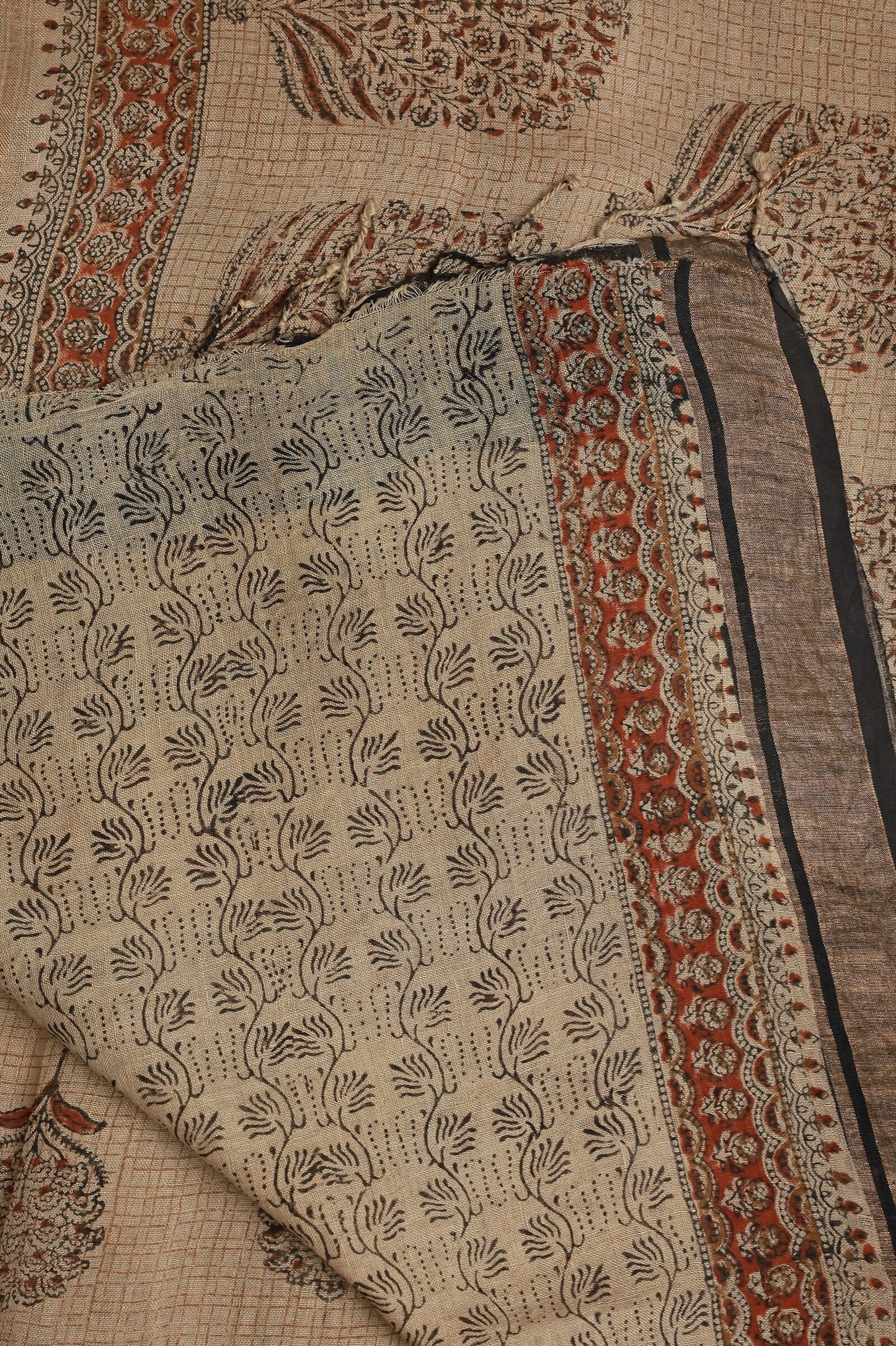 Linen Bagru Handblock Print Saree In Natural Dye, folded saree view