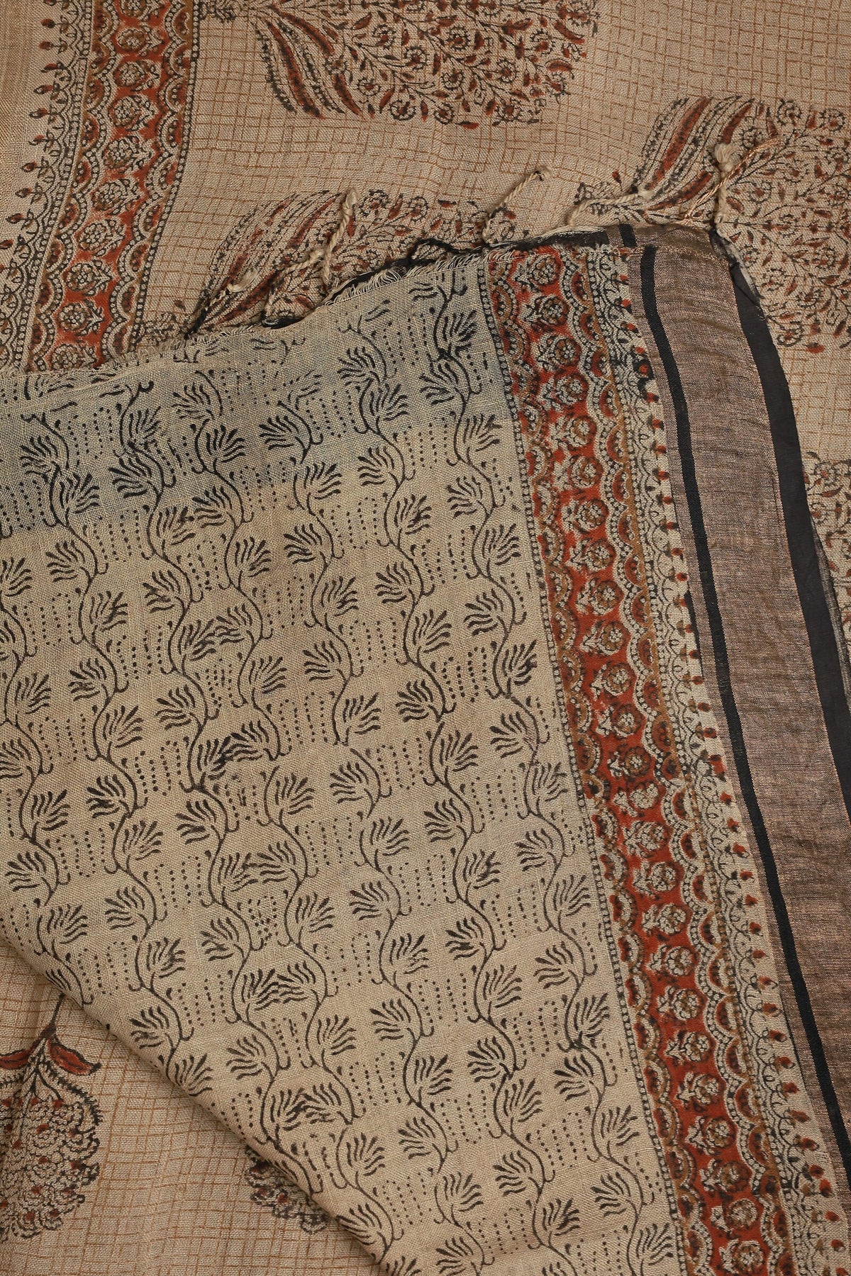 Linen Bagru Handblock Print Saree In Natural Dye, folded saree view