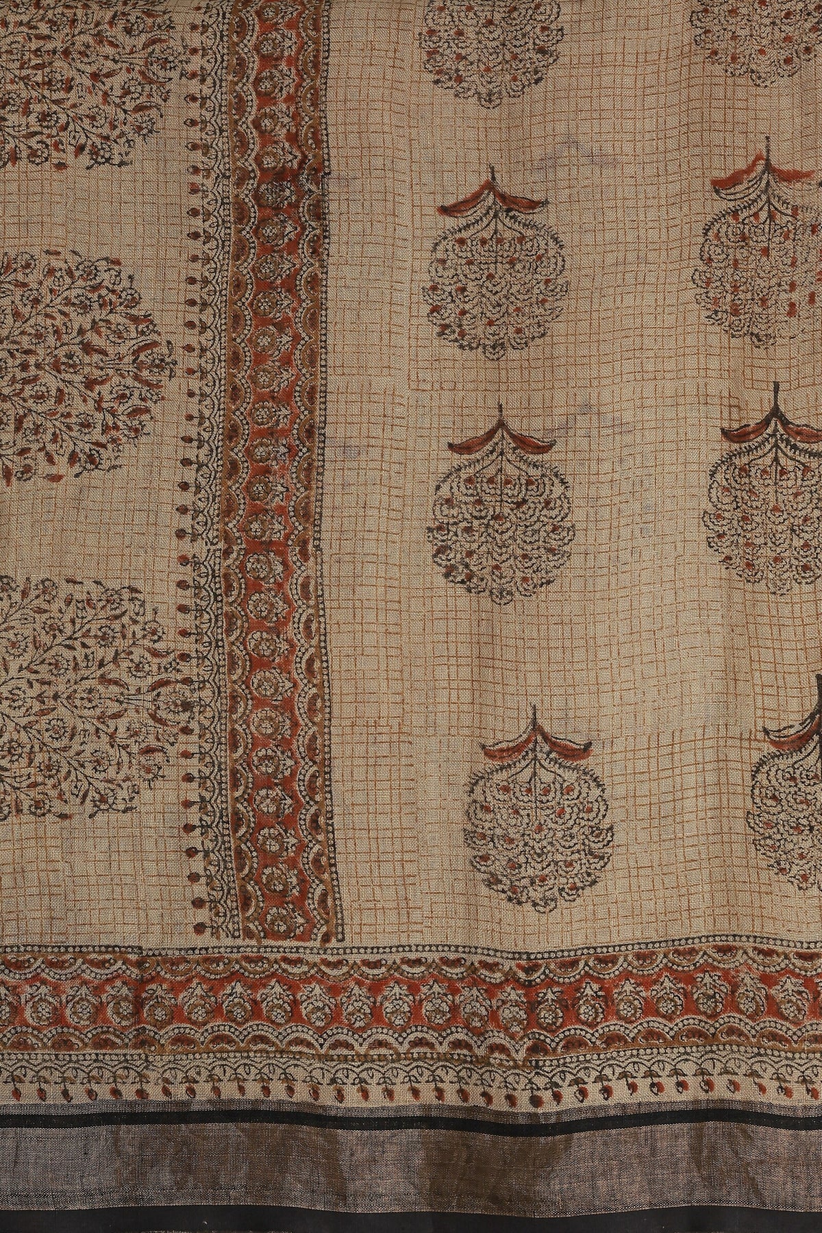 Linen Bagru Handblock Print Saree In Natural Dye, fabric detail