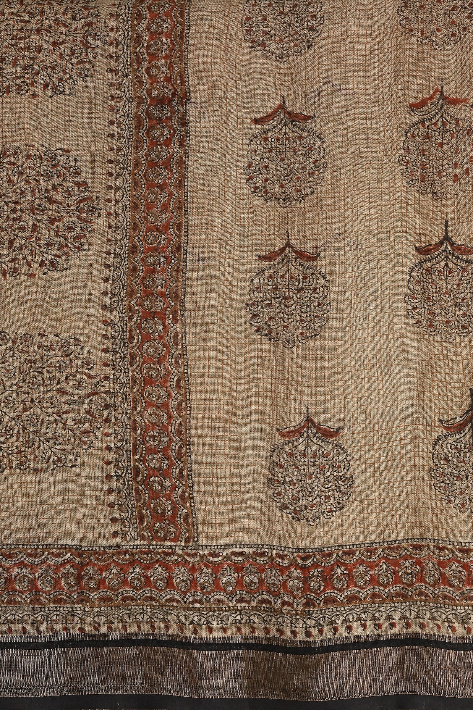 Linen Bagru Handblock Print Saree In Natural Dye, fabric detail