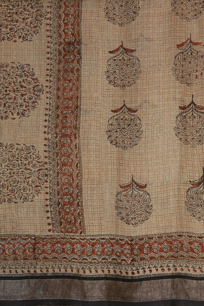 Linen Bagru Handblock Print Saree In Natural Dye, fabric detail