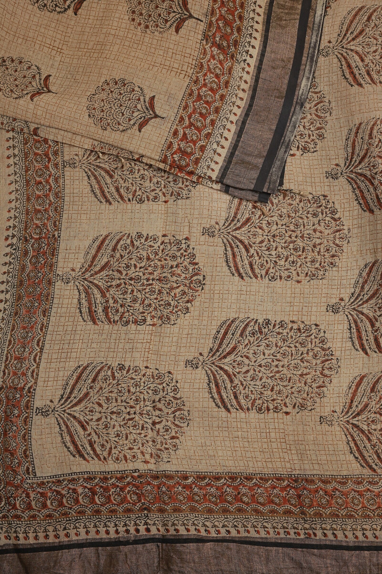 Linen Bagru Handblock Print Saree In Natural Dye, design view 3