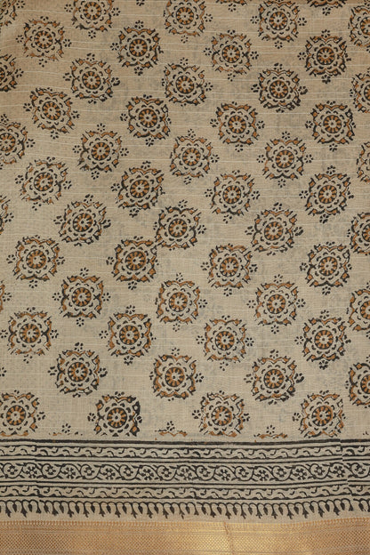 Linen Bagru Handblock Print Saree With Natural Dye, fabric detail