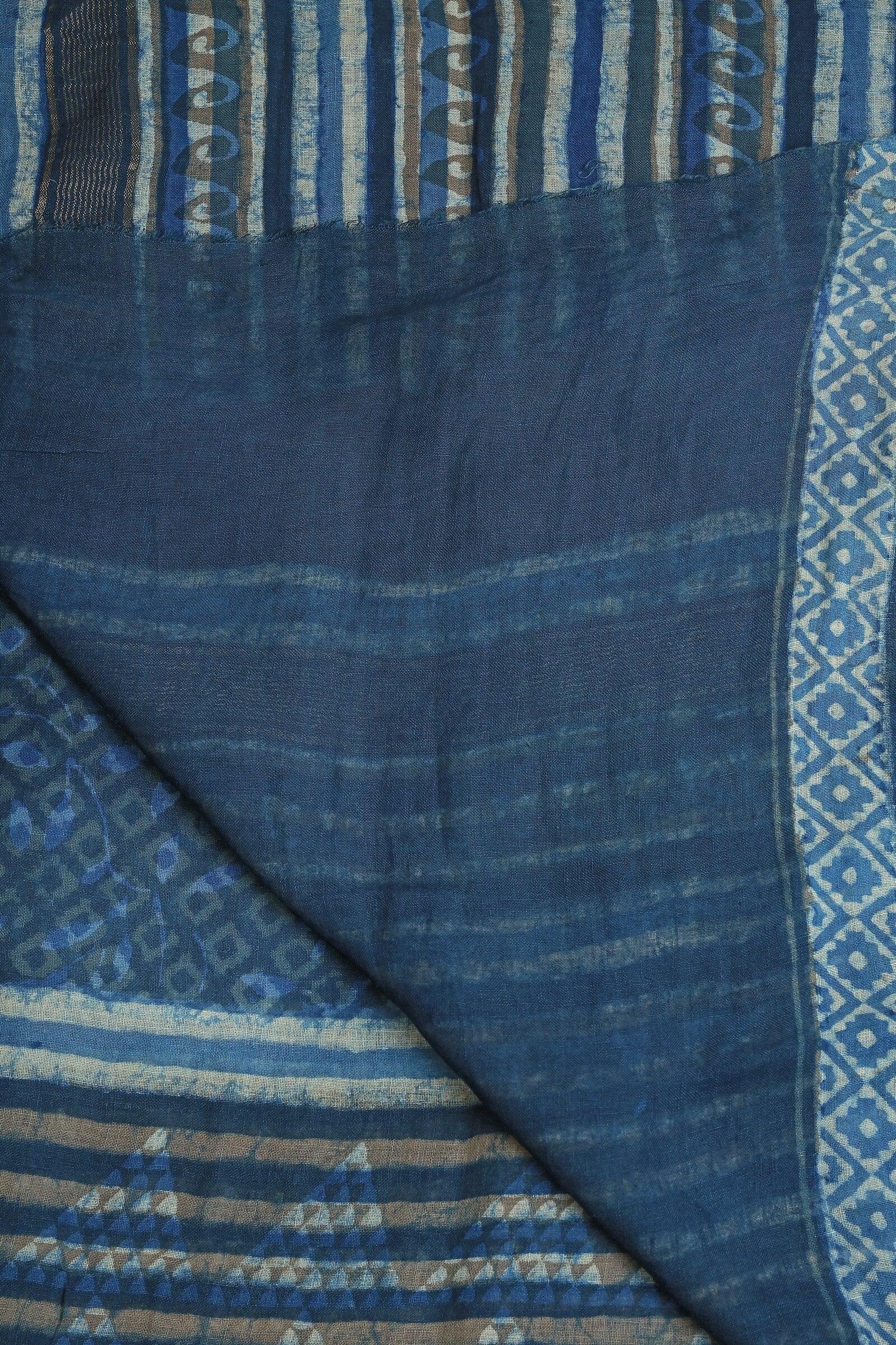 Linen Handblock Print Saree With Zari Border, folded saree view