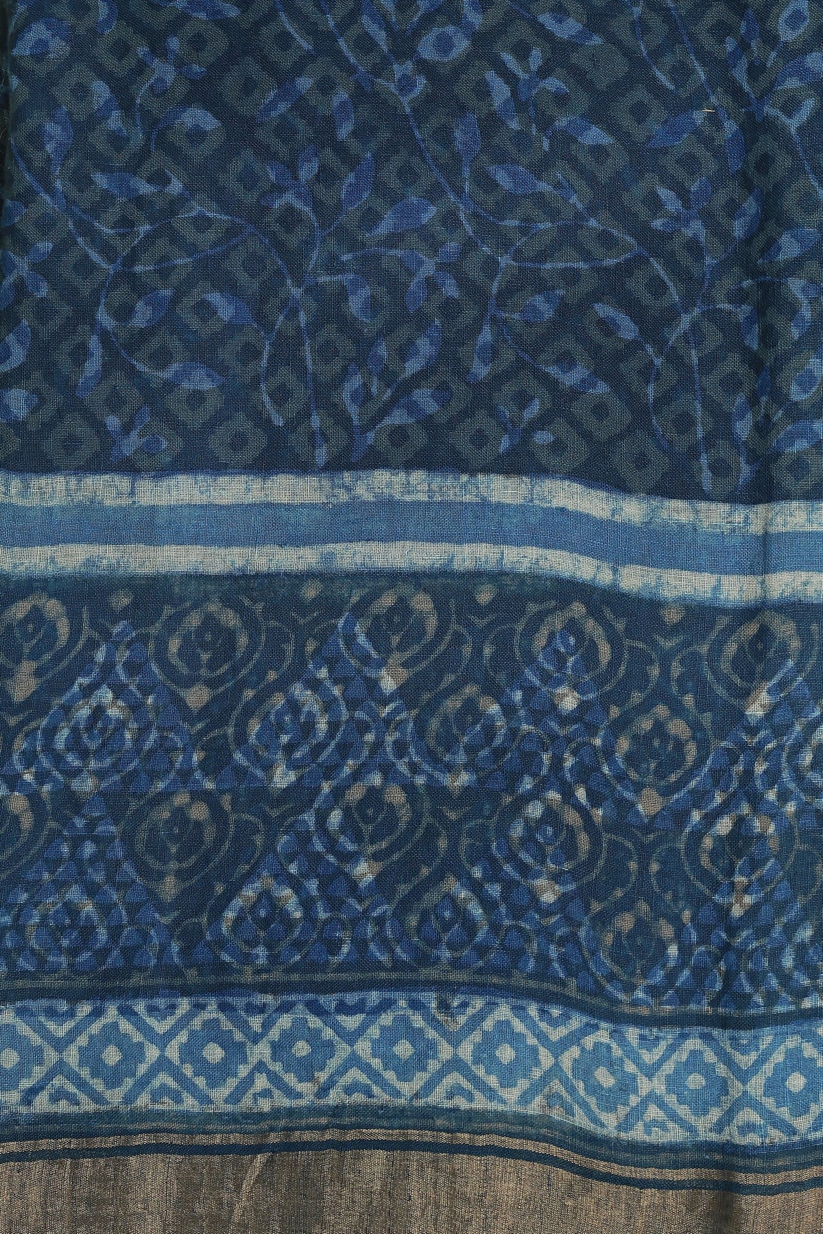 Linen Handblock Print Saree With Zari Border, fabric detail