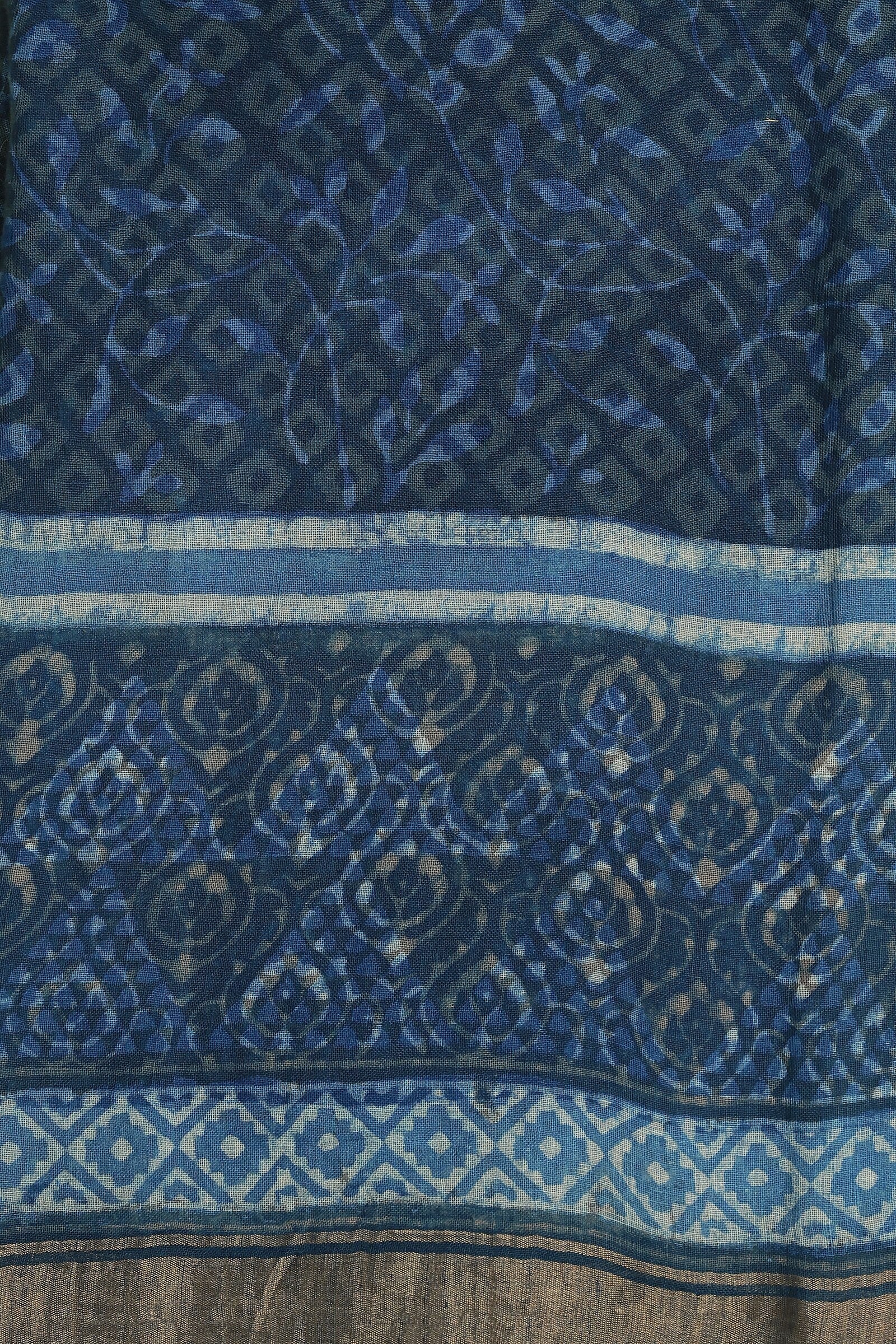 Linen Handblock Print Saree With Zari Border, fabric detail