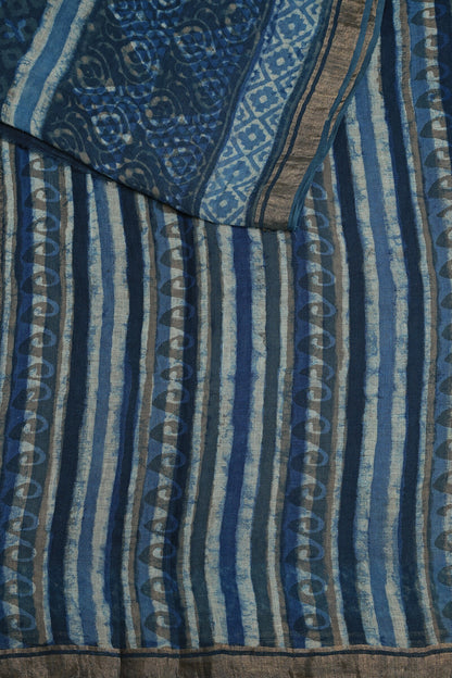 Linen Handblock Print Saree With Zari Border, design view 3