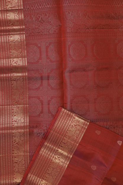 Magenta Red Pure Silk Saree With Elephant Zari Border, folded saree view