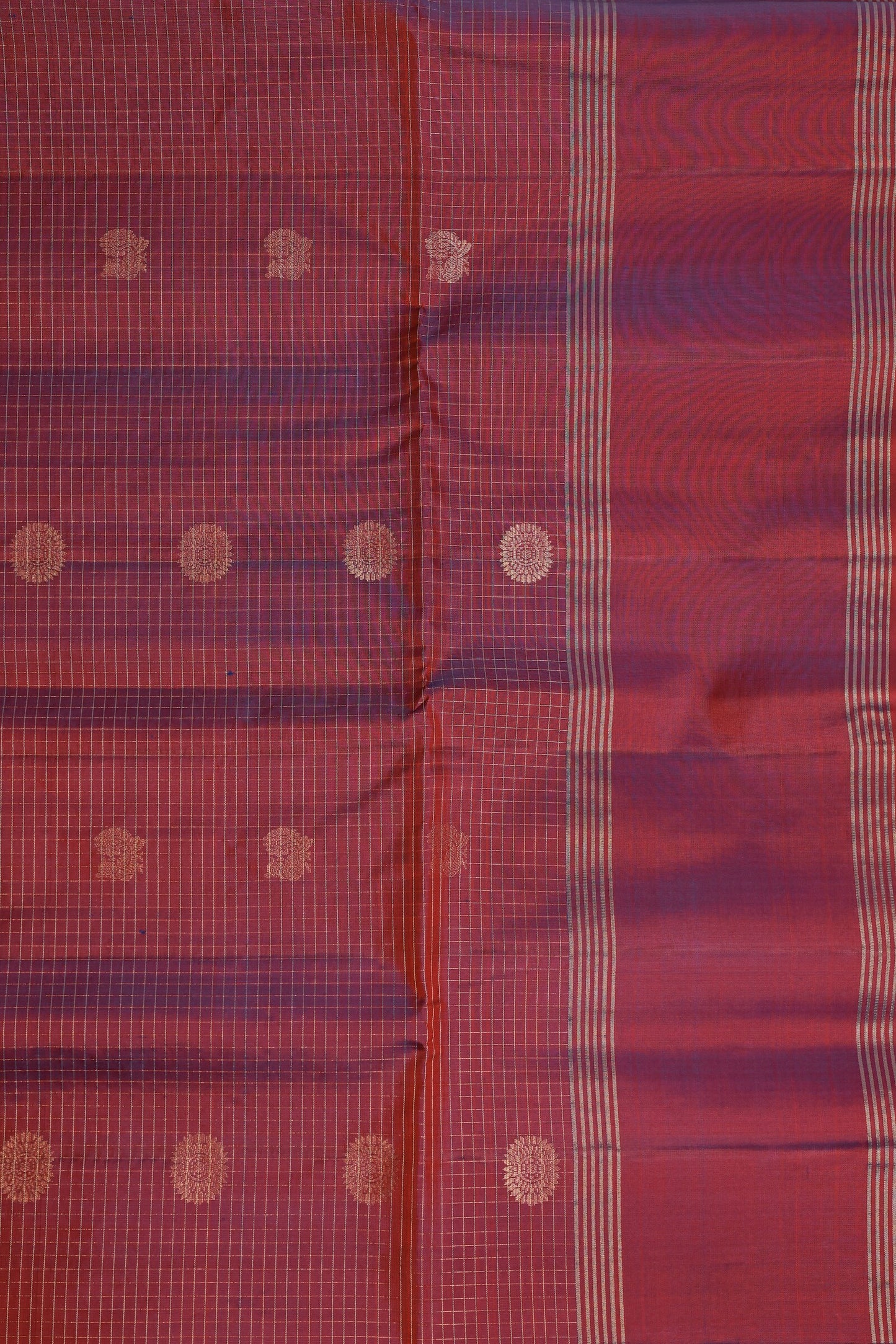 Magenta Red Pure Silk Saree With Zari Check Kattam, Mayil And Chakram Buttas, folded saree view