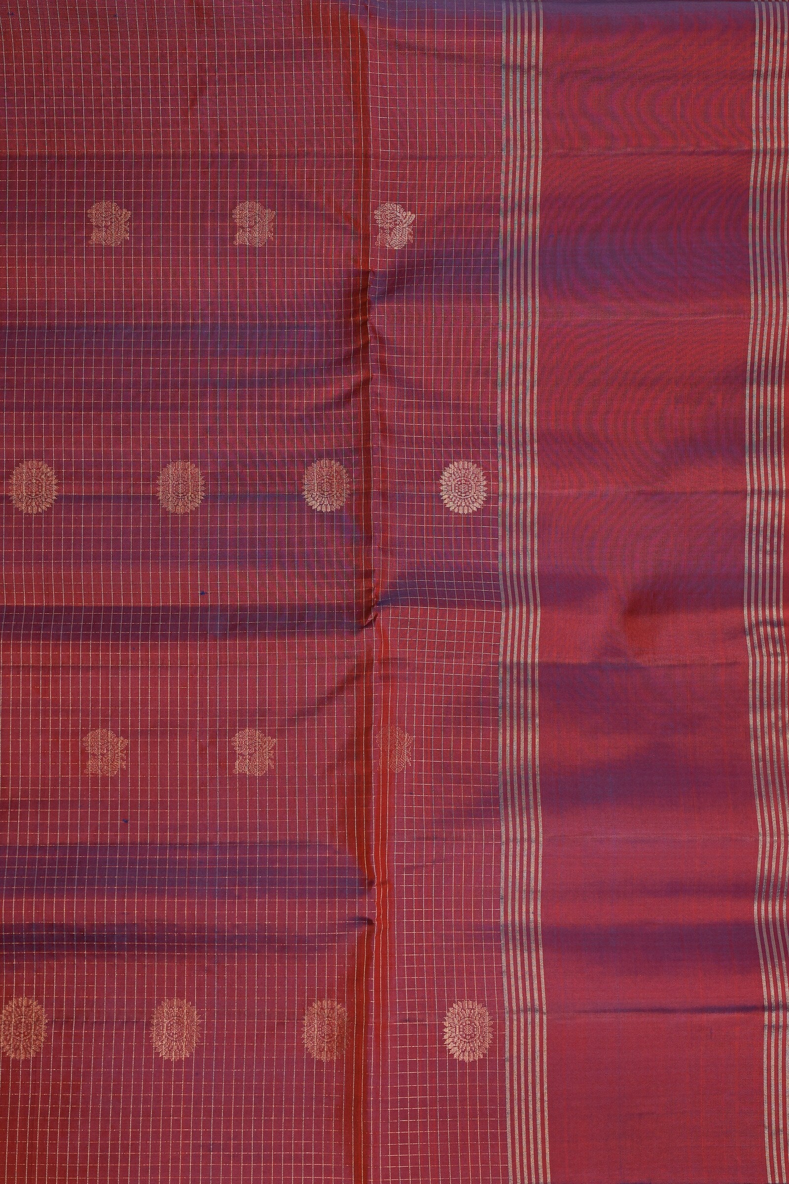 Magenta Red Pure Silk Saree With Zari Check Kattam, Mayil And Chakram Buttas, folded saree view