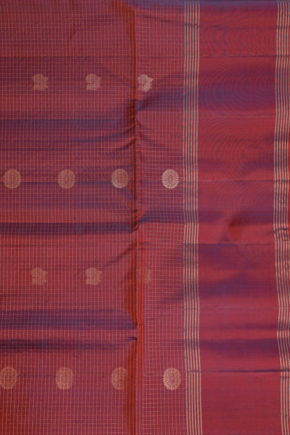 Magenta Red Pure Silk Saree With Zari Check Kattam, Mayil And Chakram Buttas, folded saree view