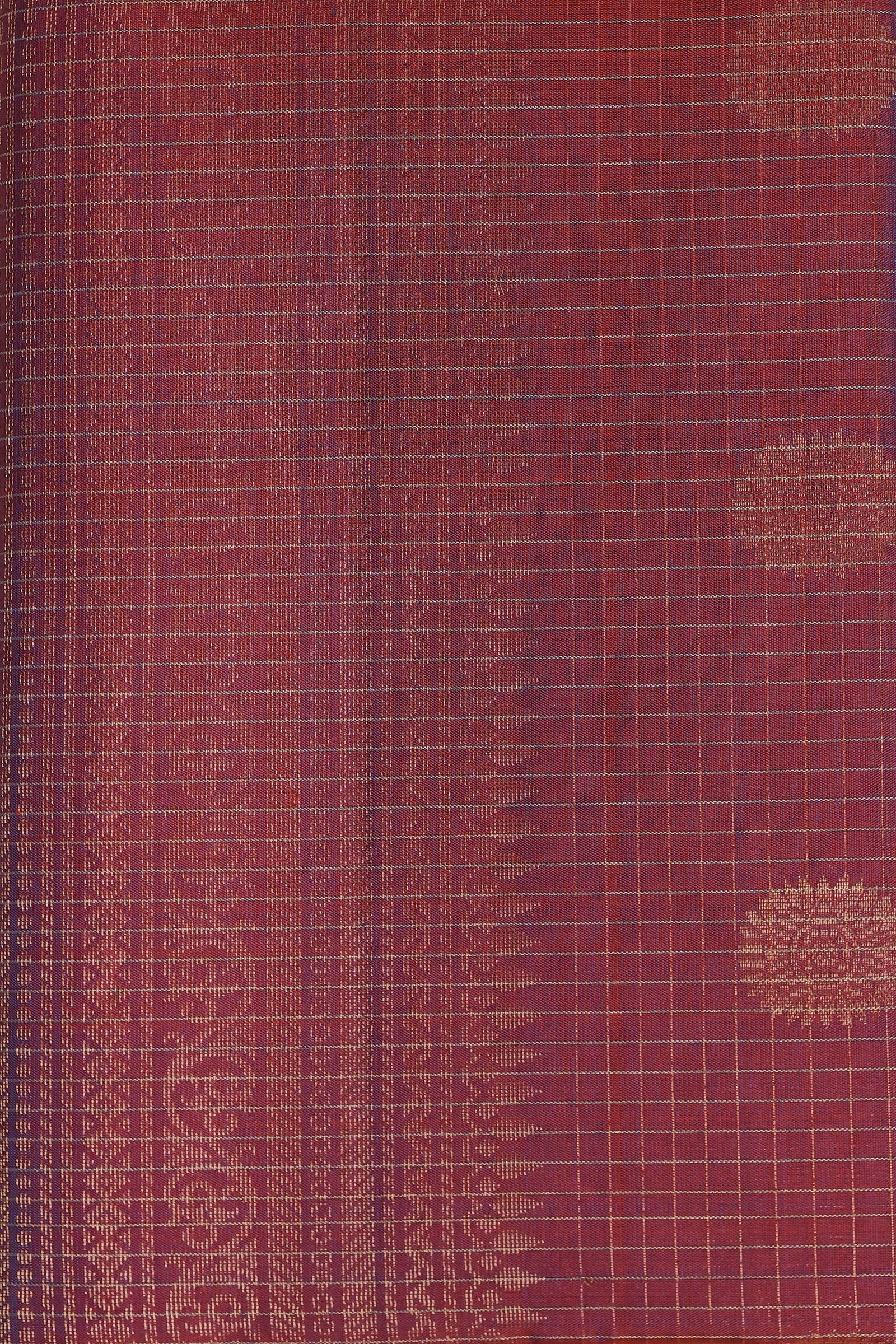 Magenta Red Pure Silk Saree With Zari Check Kattam, Mayil And Chakram Buttas, fabric detail