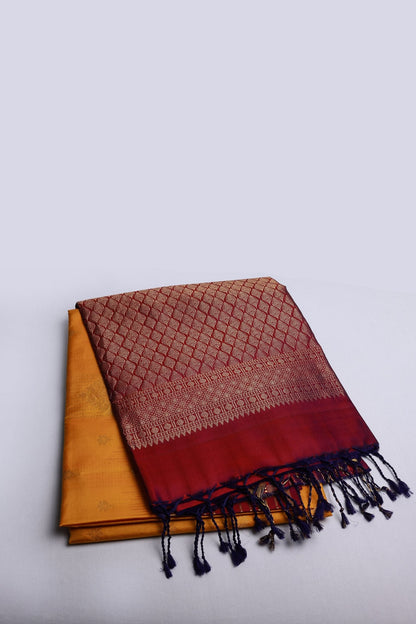 Mango Yellow Pure Silk Saree with Magentha Red Zari Border