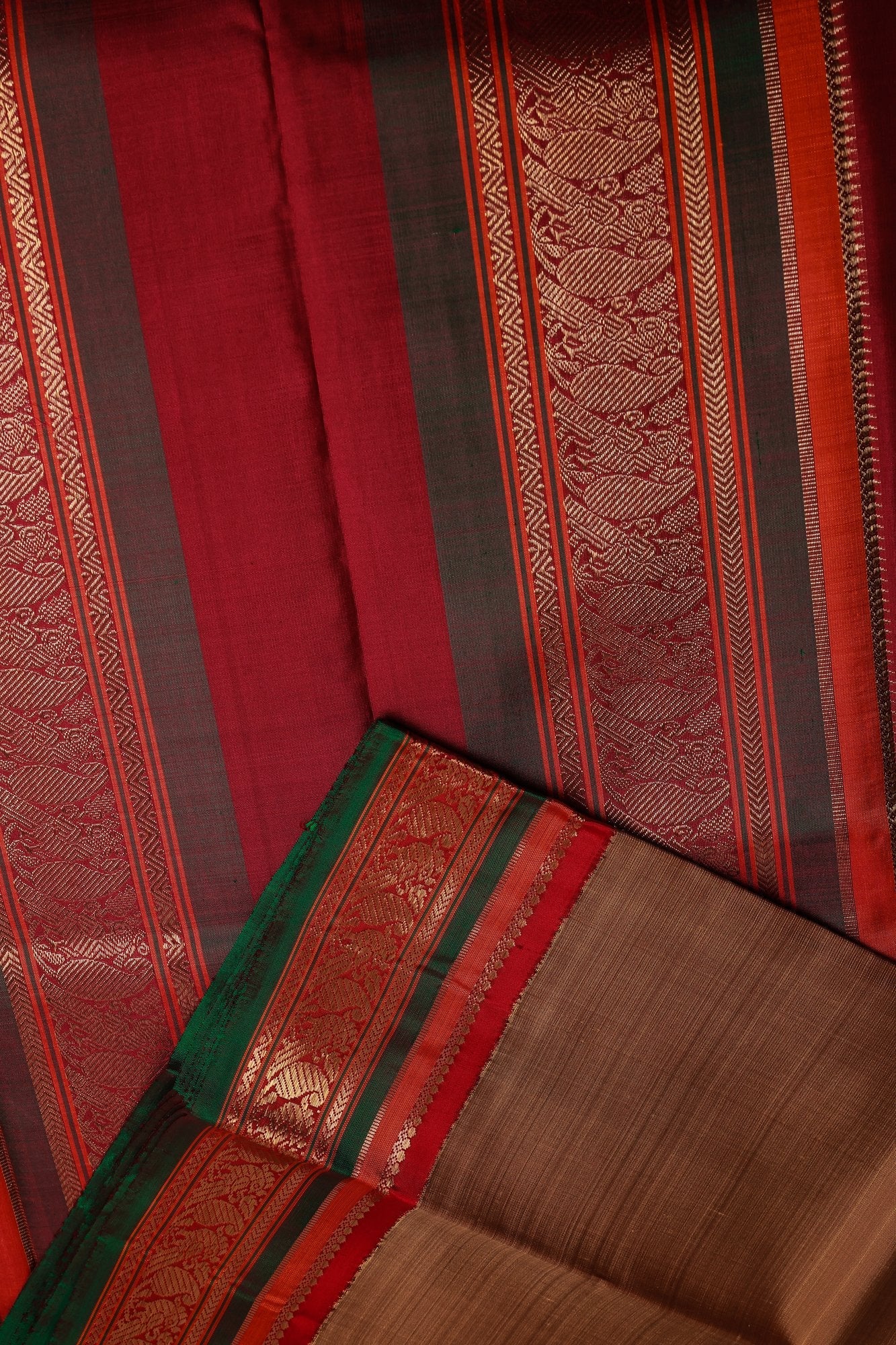 Mehandi Green with Red and Green Border with Zari Kanjeevaram Saree