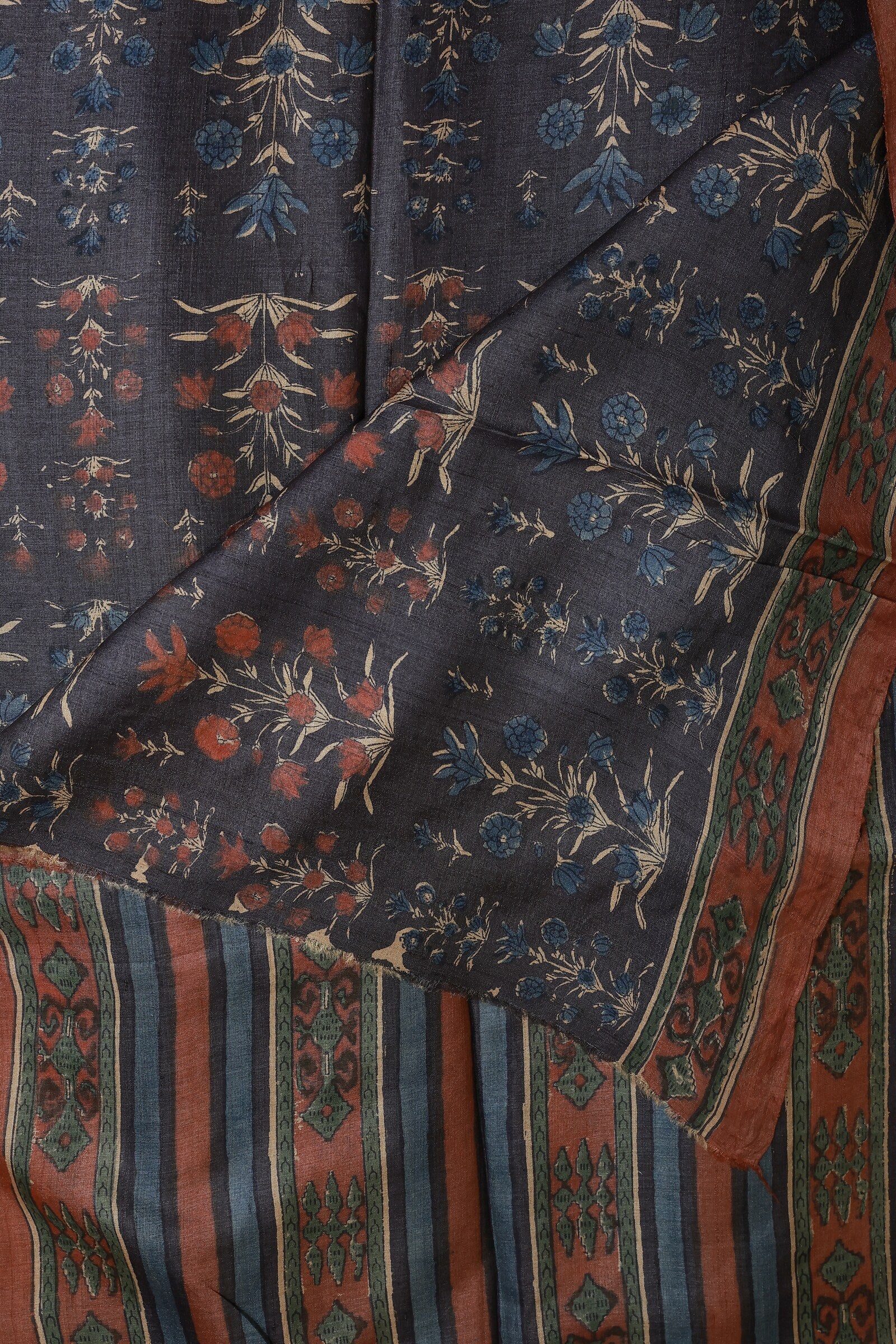 Navy Blue And Onion Pink Handblock Print Saree With Natural Dye, folded saree view