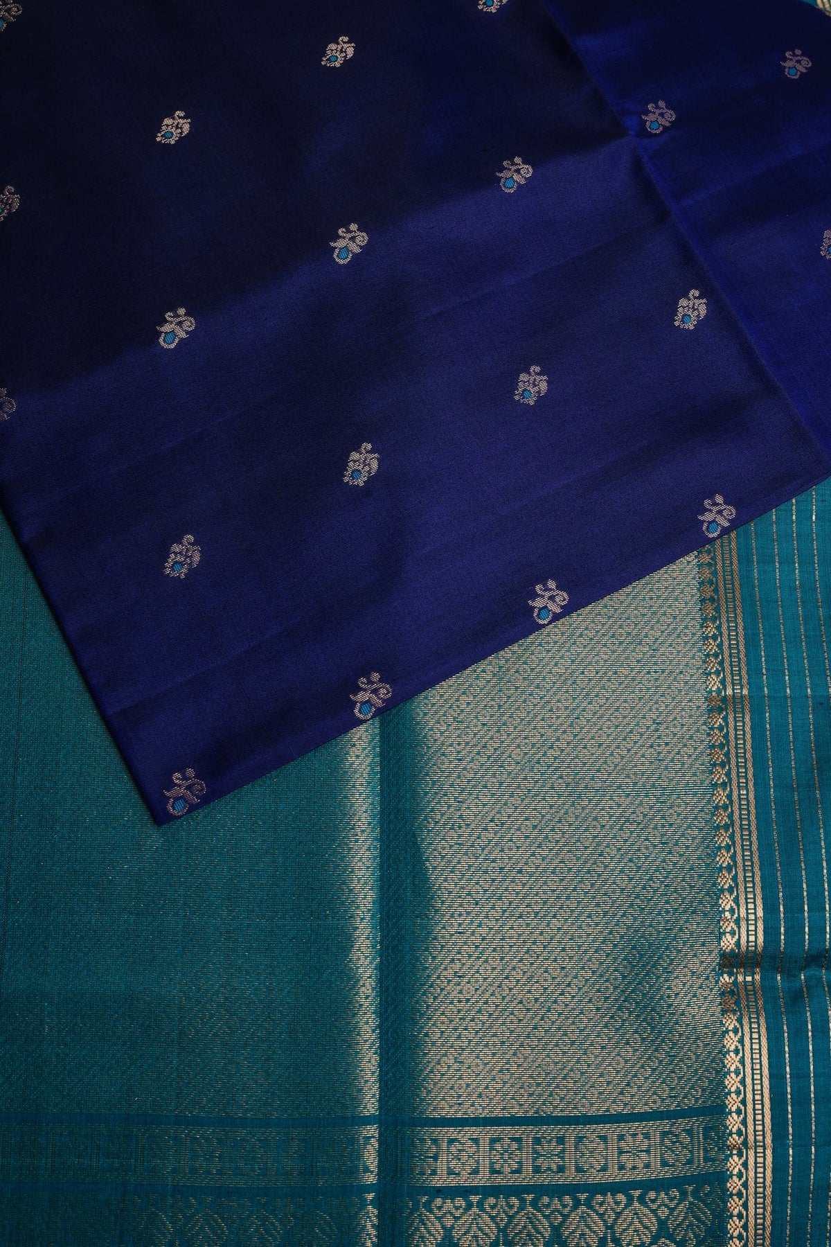 Navy Blue Pure Silk Saree with Peacock Border with Zari Lines
