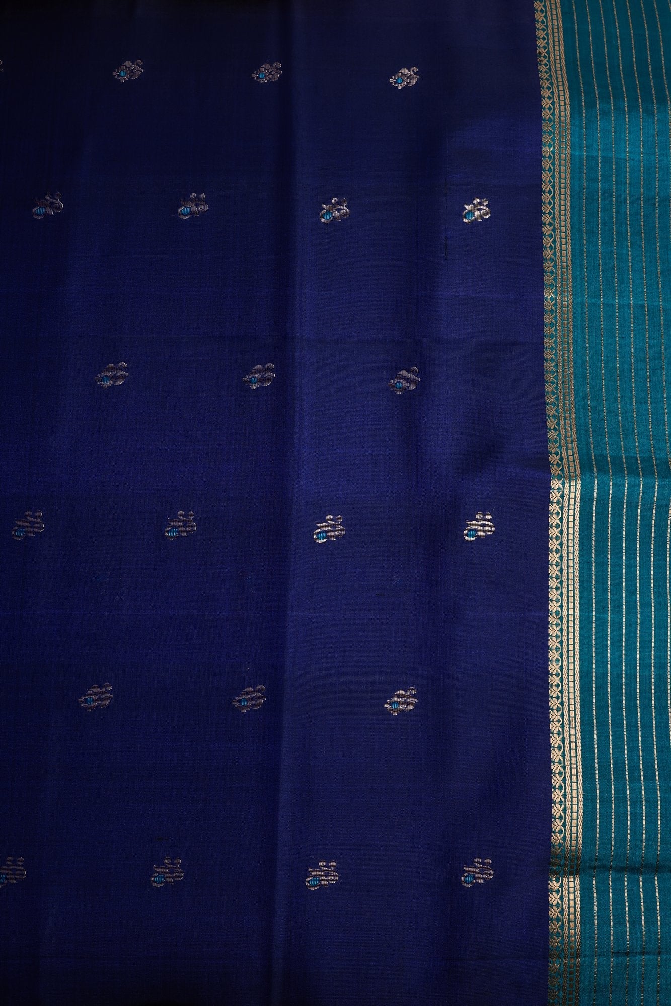 Navy Blue Pure Silk Saree with Peacock Border with Zari Lines