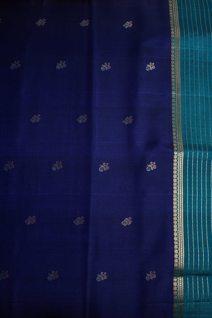 Navy Blue Pure Silk Saree with Peacock Border with Zari Lines