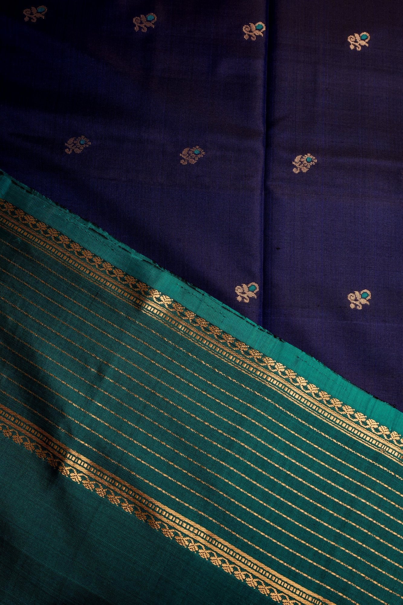 Navy Blue Pure Silk Saree with Peacock Border with Zari Lines