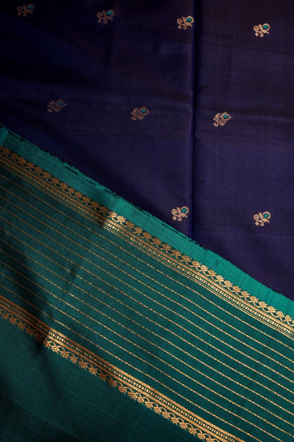 Navy Blue Pure Silk Saree with Peacock Border with Zari Lines