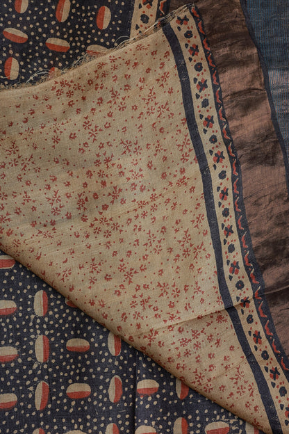 Navy Blue Tussar Silk Handblock Print Saree With Golden Zari Border Natural Dye, folded saree view