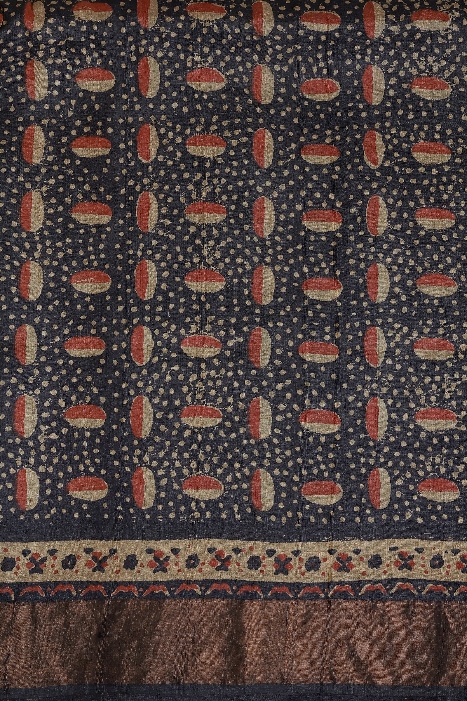 Navy Blue Tussar Silk Handblock Print Saree With Golden Zari Border Natural Dye, fabric detail